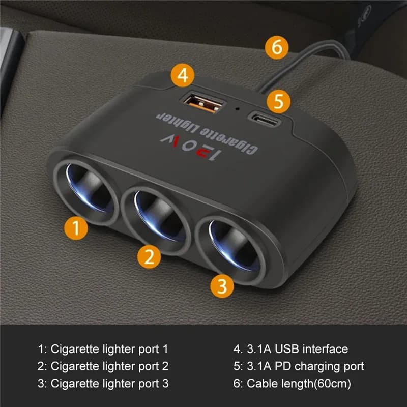 120W Car Charger Cigarette Lighter Adapter Dual USB PD Car Charger Fast Charging Socket Plug Adapter for IPhone GPS Dashcam