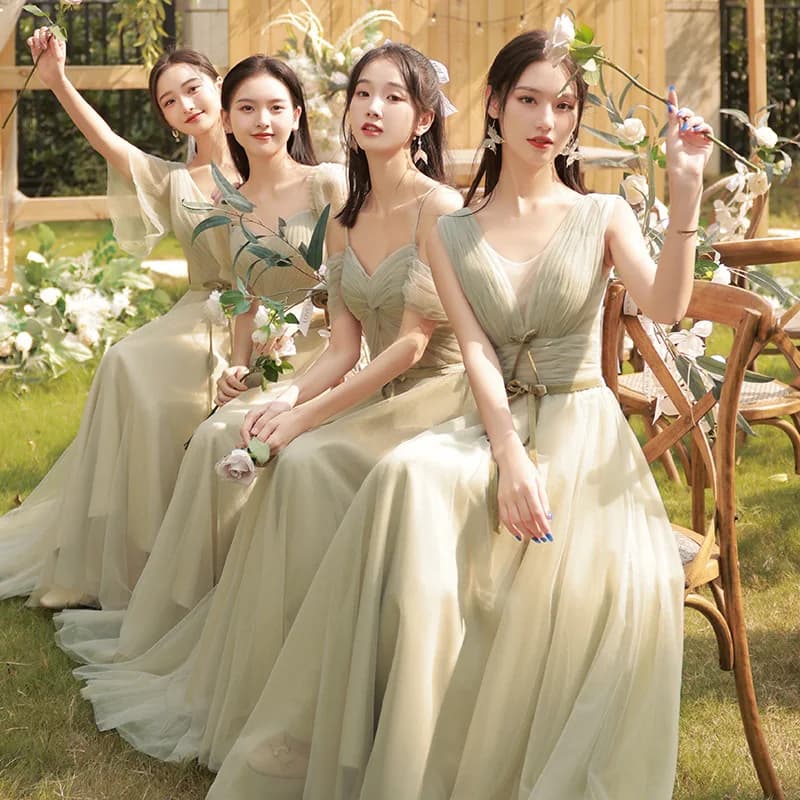 Romantic Green Bridesmaid Dress Elegant Off Shoulder Wedding Sisters Group Gown temperament Lace Up Bow  Birthday Party Dreses