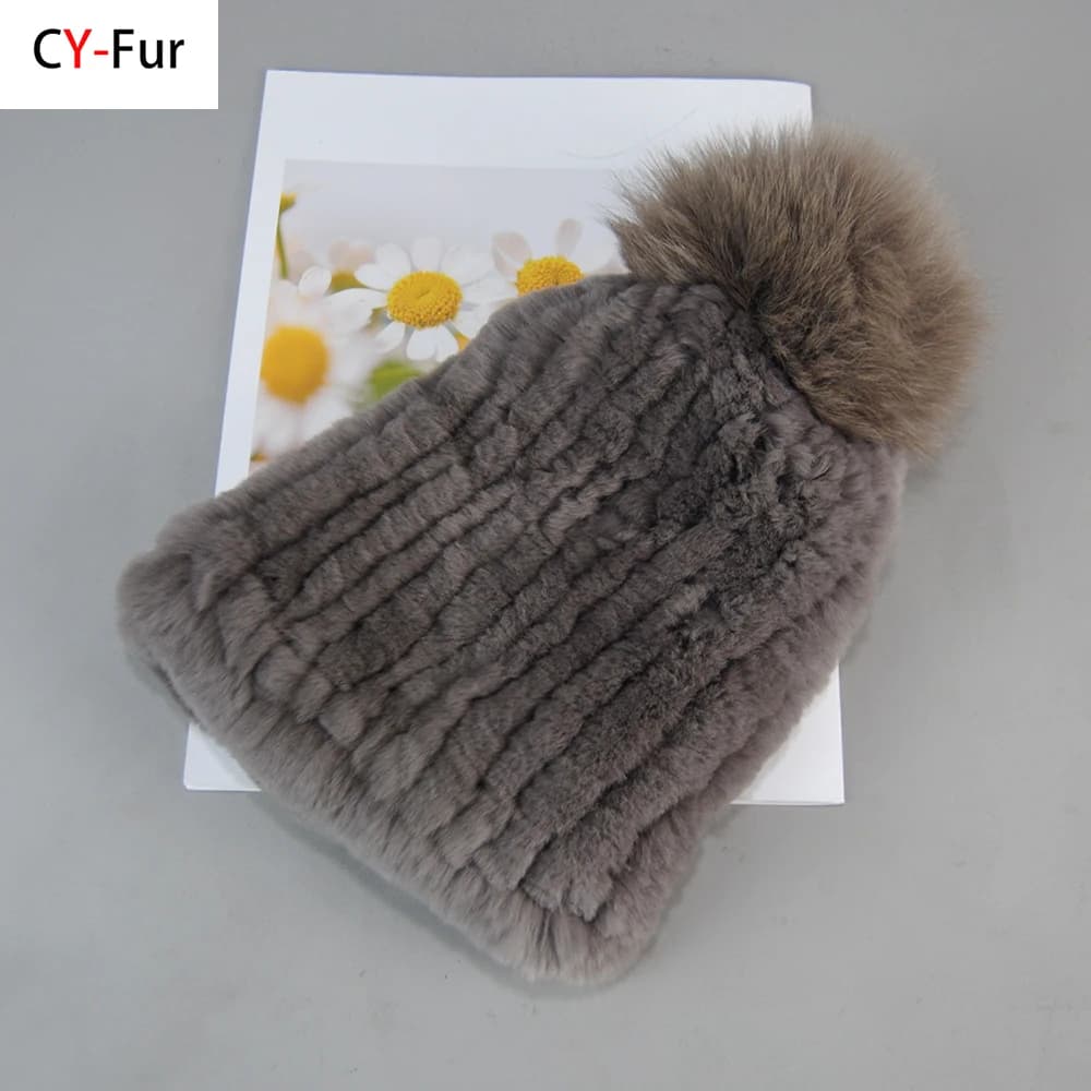 Winter Natural Real Rex Rabbit Fur Hat Women Elasitc Warm Handmade Knitted Real Rex Rabbit Fur Caps Fox Fur Pompoms Beanies Cap