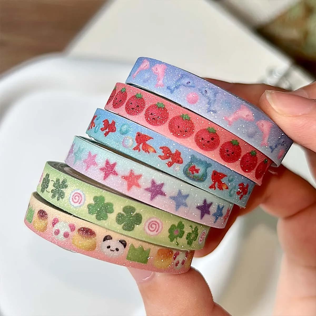 Kawaii Four-leaf Clover Washi Tape Cute Tomato Deco Washi Tape with Sand-Coated Shimmer Film Masking Tape with release paper