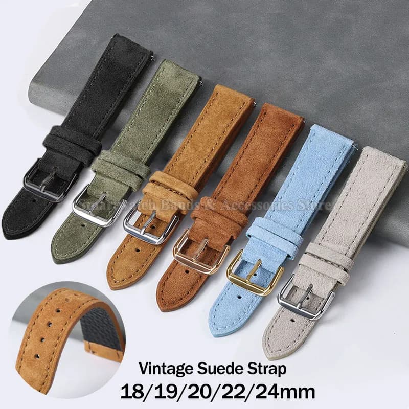 Vintage Suede Leather Watch Strap 18mm 19mm 20mm 22mm 24mm for Seiko for Huawei GT3/2 Handmade Stitching Quick Release Bracelet