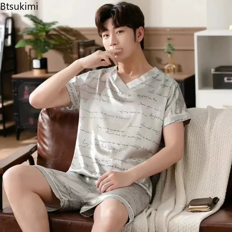 2025 Men's Print Sleepwear Pajama Sets Short-Sleeved Shirts and Shorts Sets Sleepwear Pyjama Male Homewear Lounge Wear Clothes