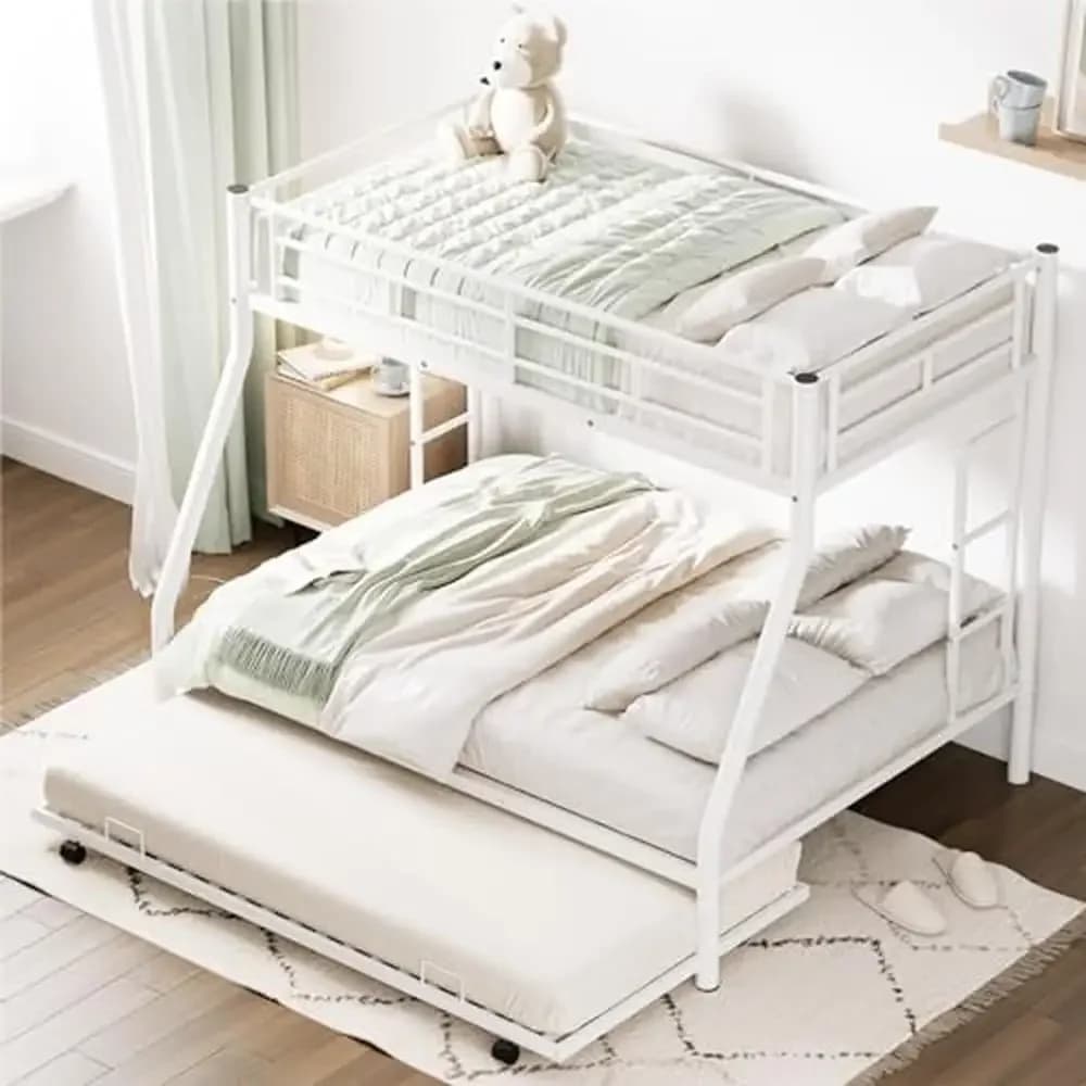 Triple Bunk Beds Twin Full Size Sturdy Steel Frame 2 Ladders Safety Wheeled White 78.1"L x 96.8"W x 63"H
