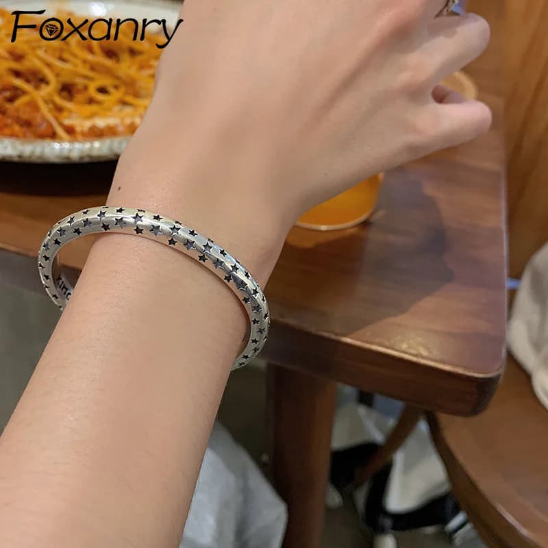 Foxanry Silver Color Star Pattern Cuff Bracelets For Women Couples Fashion Personality Vintage Simple Daily Party Jewelry Gifts
