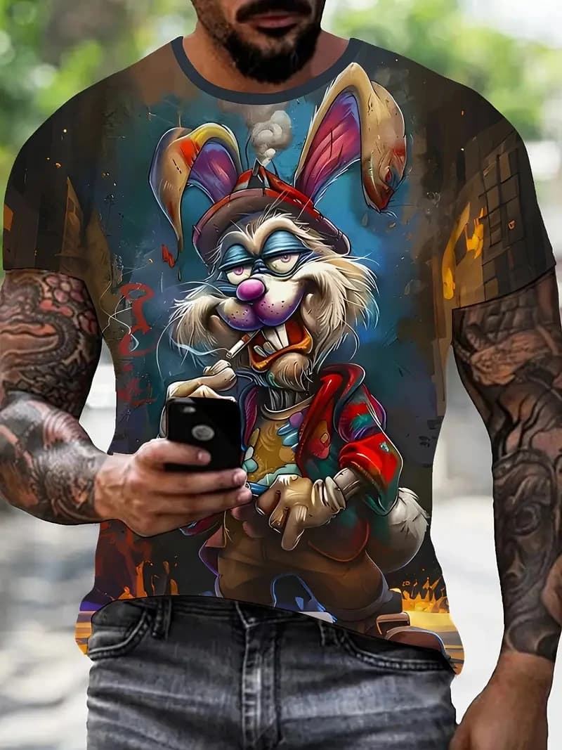 Summer Men's Outdoor Casual Breathable T-shirt Short Sleeve Cartoon Animal Printed Pattern Large Oversize Loose Men's T-shirt