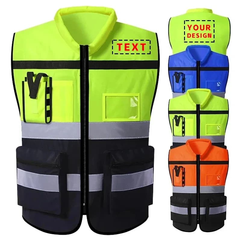 Custom LOGO Safety Vest with Pockets and Zipper Construction Vest Two Tone Workwear Vest Volunteer Uniform