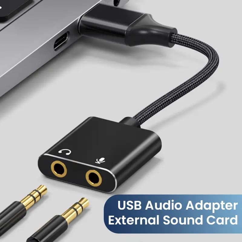 USB Sound Card Adapter with 3.5mm Headphone and Microphone Jack Braided Cable External USB Audio Adapter for Windows Mac Laptop