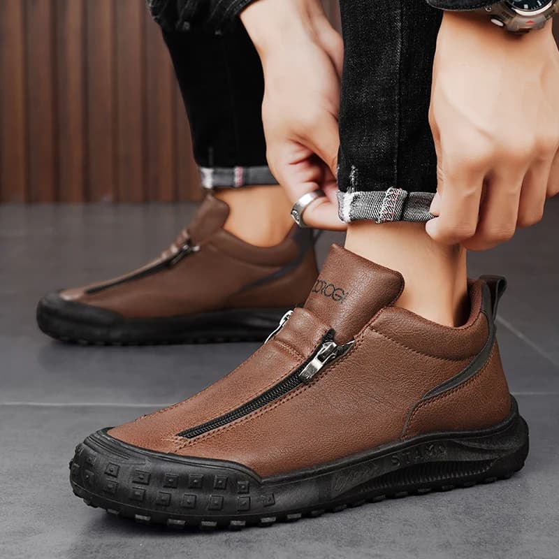 PARZIVAL New Men Casual Shoes Brown Leather Trainers Outdoor Male Sneakers Autumn-Winter Work Shoe Zipper Zapatos Para Hombres