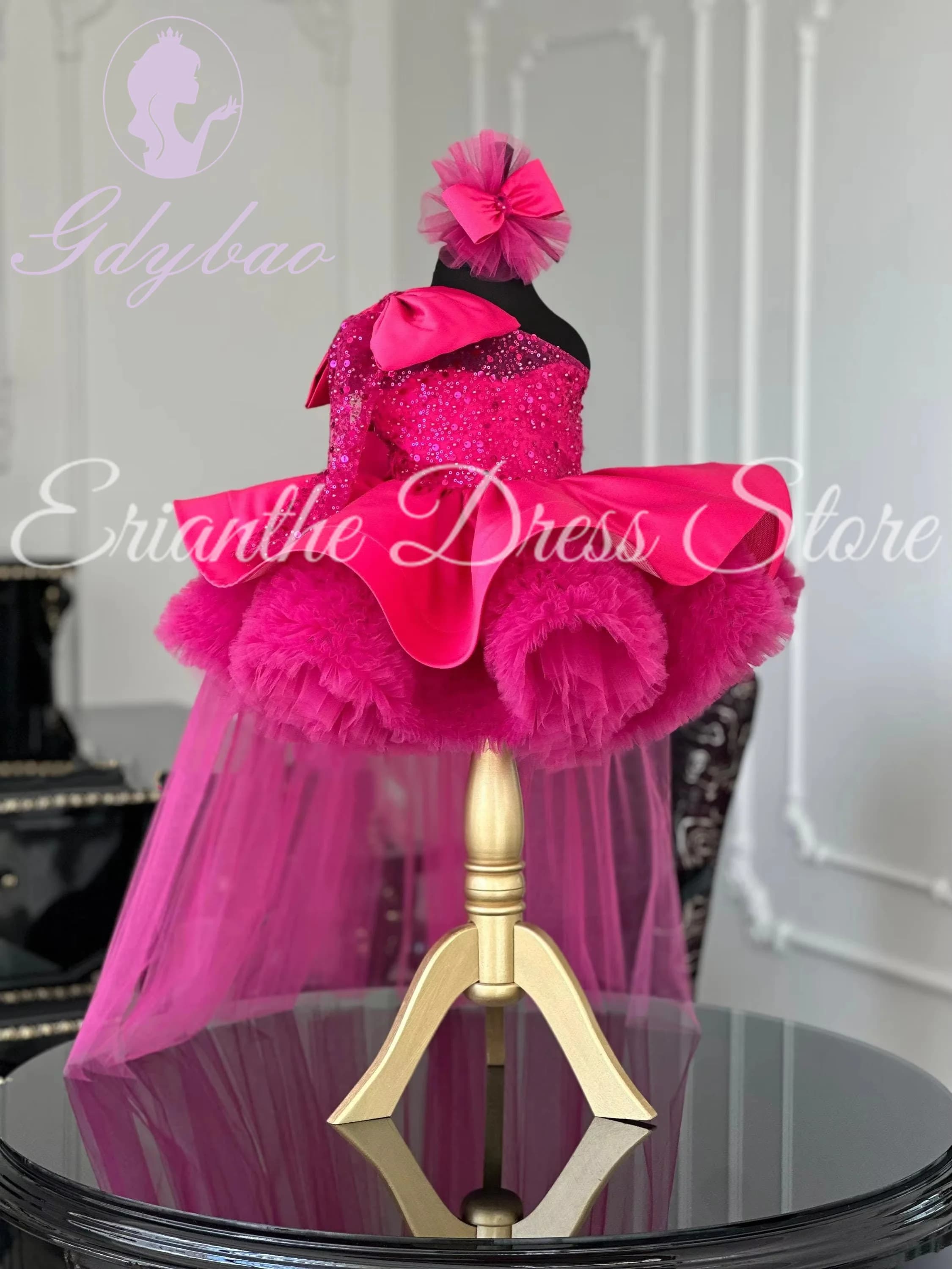 Hot Pink One Shoulder Flower Girl Dress For Wedding Tulle Puffy Sequins Child First Eucharistic Birthday Party Dress Customized