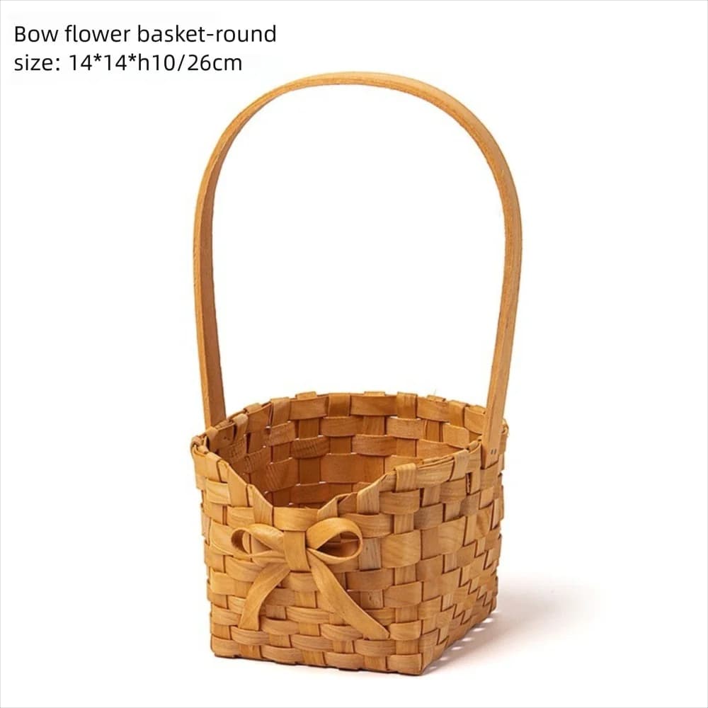 Willow Rattan Bride Flower Basket Picnic Container with Handle Bowknot Flower Basket Hand-Woven Picnic Weaving Basket