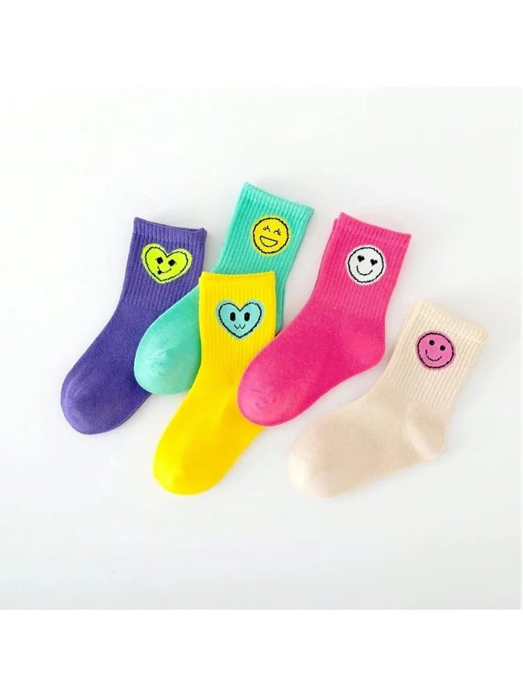 5 Pairs of Four Seasons Children's Socks New Sports Smiling Face Expression Boys and Girls Mid-calf High Socks