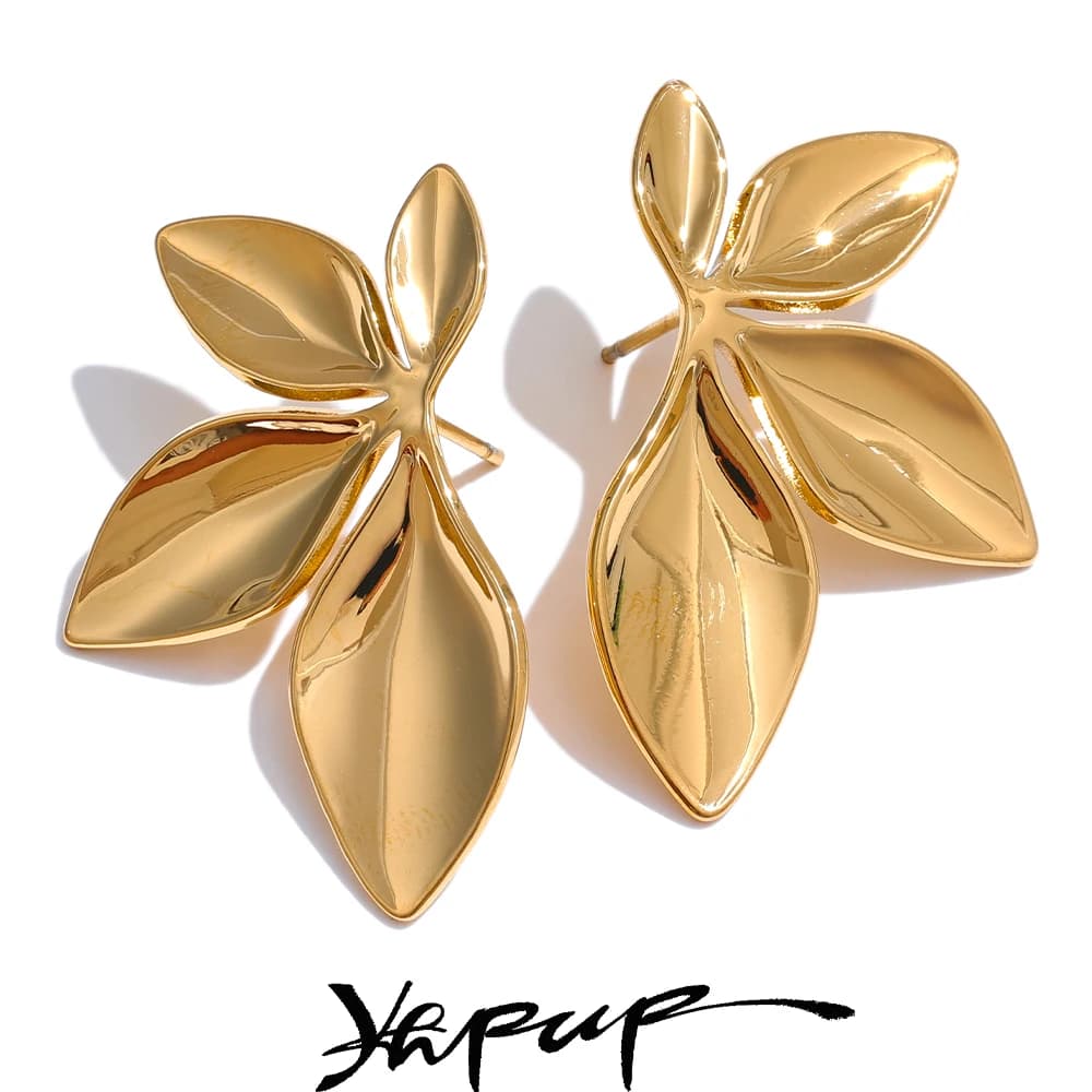Yhpup Fashion Stainless Steel Leaves Flower Stud Earrings Bright Anti Allergy Waterproof Charm Texture High Quality Jewelry