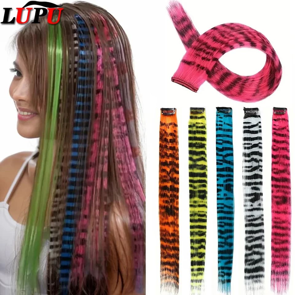 LUPU Synthetic Feather Hair Extension Colorful Fake Hair Clip In One Piece Hairpiece For Women Cosplay Party Y2K Style