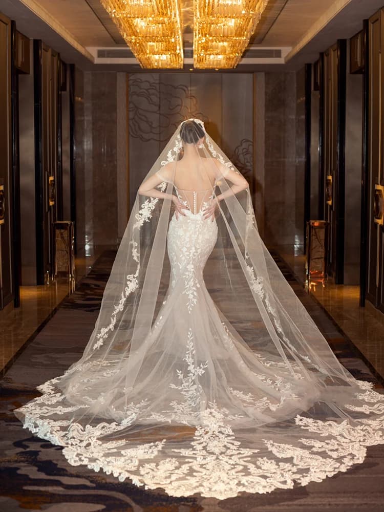 White Ivory Long Cathedral Length Bridal Veils Appliques Stock Wedding Veils Wedding Accessoires De Mariage Boda Voile De Mariée