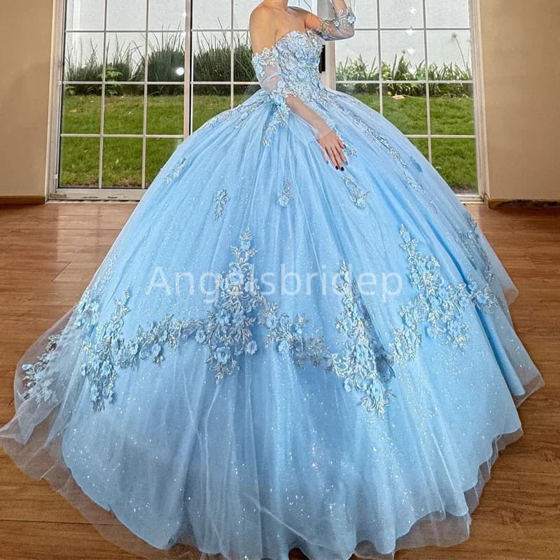 Angelsbride Sky Blue Ball Gown Quinceanera Dresses Vestidos De 15 Quinceañera Long Sleeves Glitter Tulle Princess Party Dress