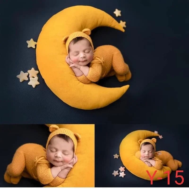 Newborn Photography Accessories Cute Crescent Pillow and Stars with Hat Solid Color Posing Cushion Decor Baby Photoshoot Props