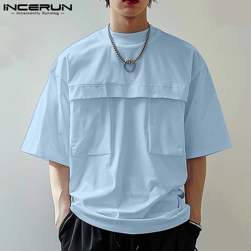 INCERUN Men T Shirt Solid Color O-neck Short Sleeve Summer Casual Men Clothing Streetwear 2024 Loose Korean Fashion Tee Tops