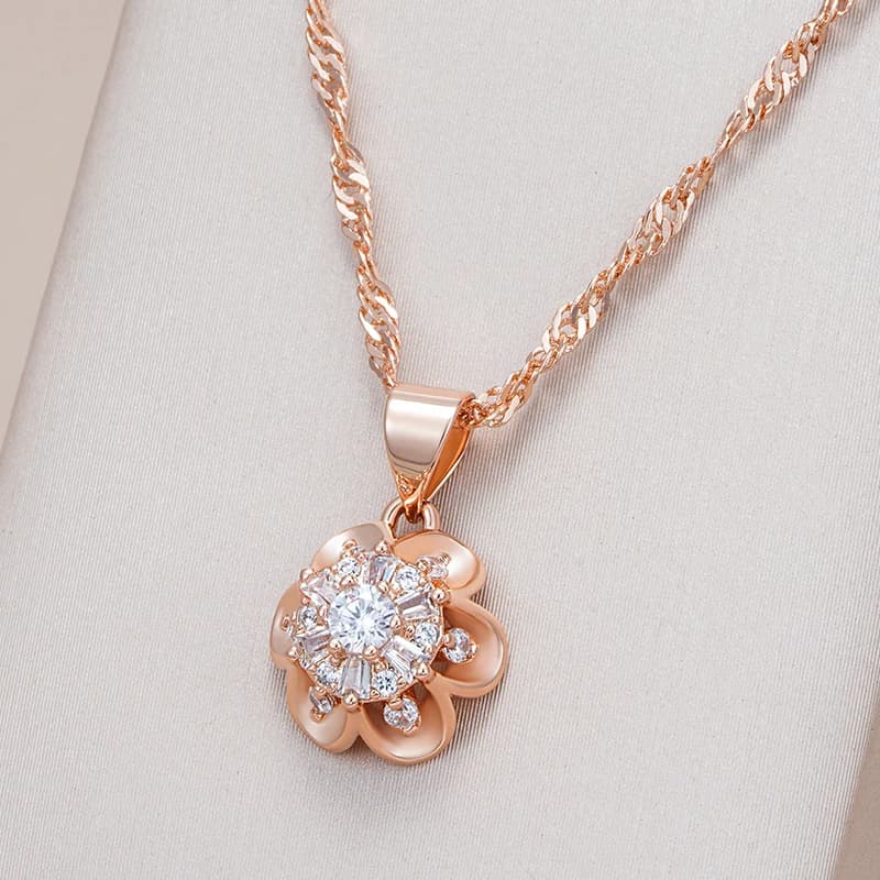 Kinel Hot 585 Rose Gold Color Crystal Flower Pendant Necklace For Women Natural Zircon Accessories Creative Daily Fine Jewelry