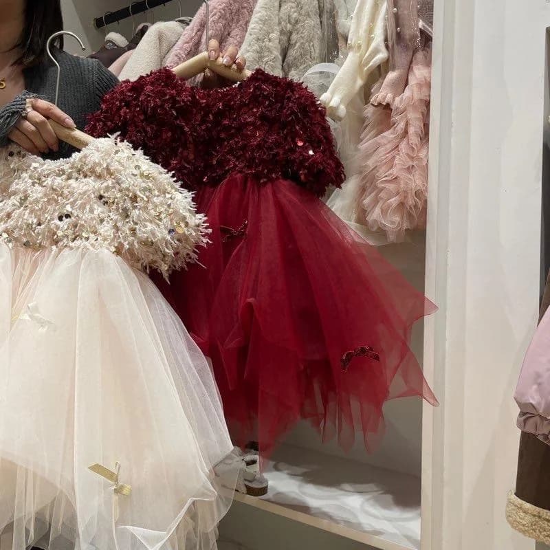 2023 Winter Girls Dress with Plush and Thickening New Little Girl Fashionable Princess Dress Children Yarn Dress Fluffy Skirt