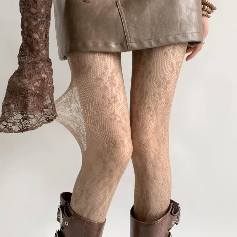 New Floral Pattern Brown Fishnet Pantyhose Women Sexy Coffee Hollow Out Mesh Tights Y2k Lolita Nylon Transparent Lace Stockings