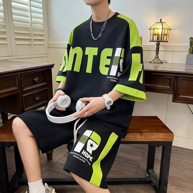 Summer Men's New Youth Leisure Sports Set, Men's Loose Short sleeved Shorts, Trendy Two piece Set, Lightweight and Transparent S