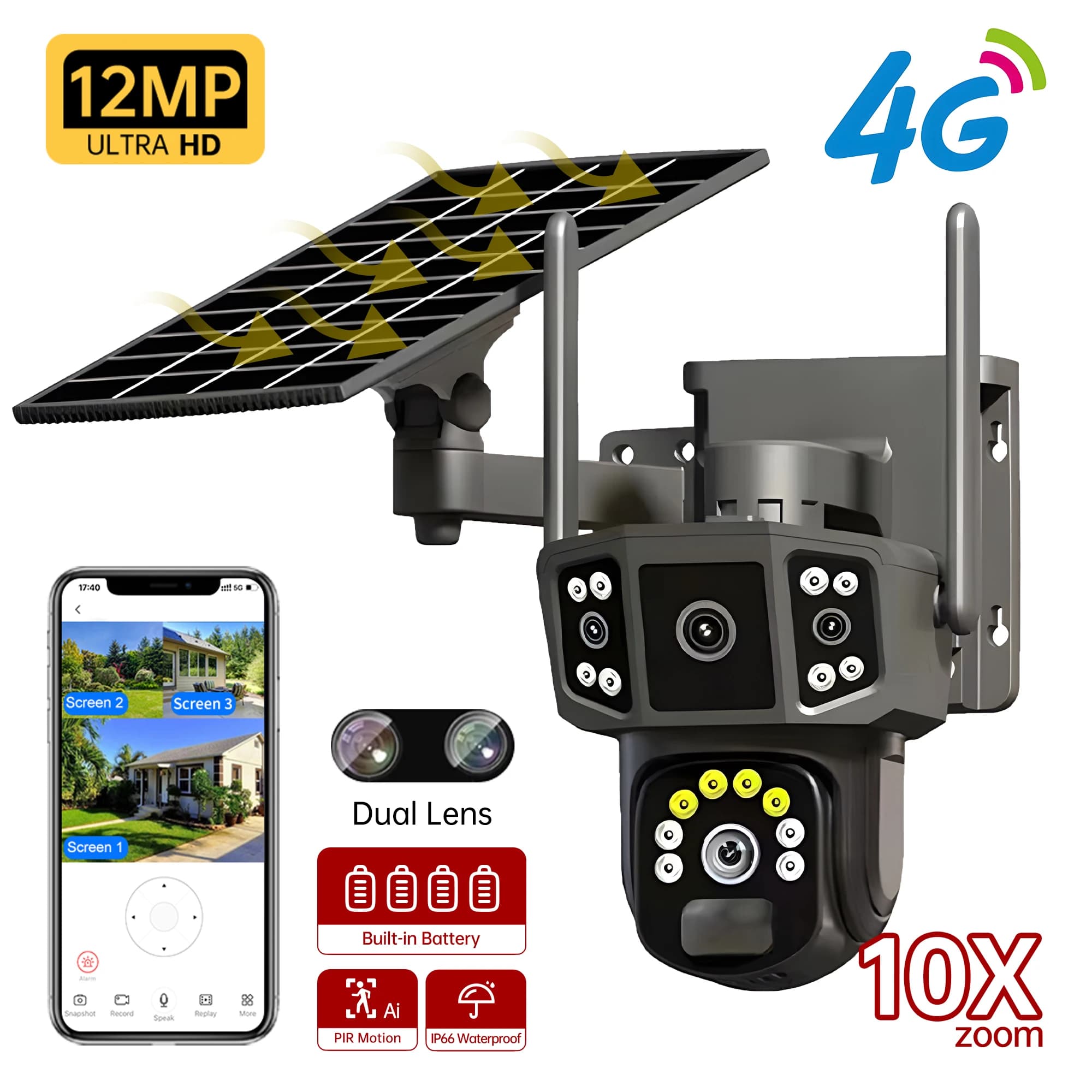 V380 4K Dual Lens, 10X,Outdoor Security Network Camera,Wireless WIFI Solar Closed-Circuit Television,4G Sim Solar Cameras,CCTV
