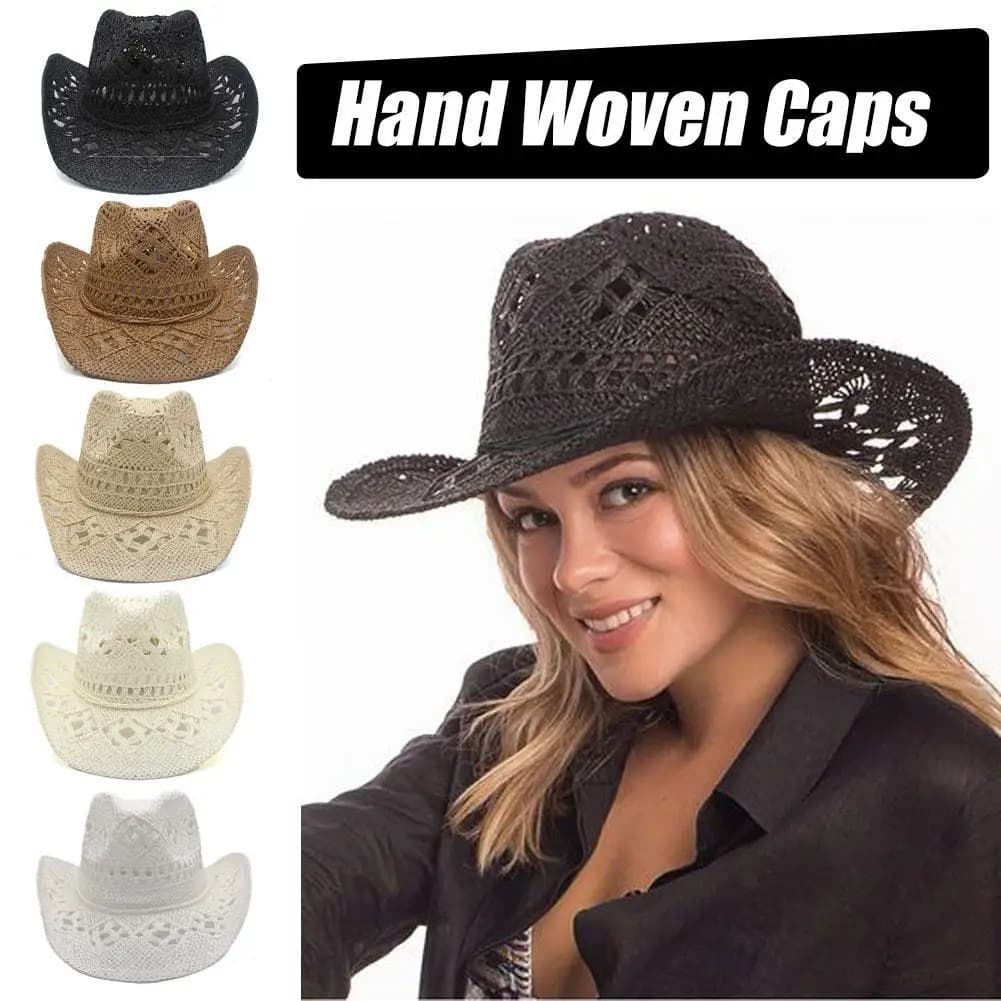 Summer Western Cowboy Hat Hollowed Out Breathable Beach Sun Protection Hat  Hand Woven Wide Brim Caps For Outdoor Hiking