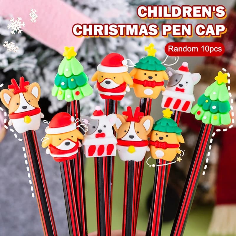 10Pcs Mini Cute Cartoon Christmas Silicone Pen Topper Covers Kawaii Pencil Cap Creative Pencil Extender School Supplies Gifts