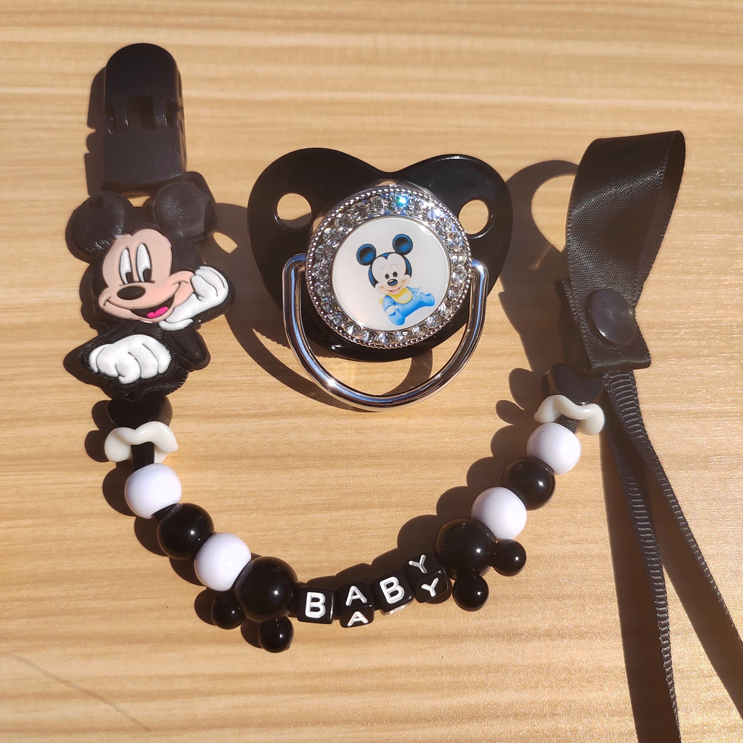 Black Mickey Mouse Printed pacifier Baby Diamond Pacifier Food Grade Baby Thumb shaped pacifier Personalized bead pacifier clip