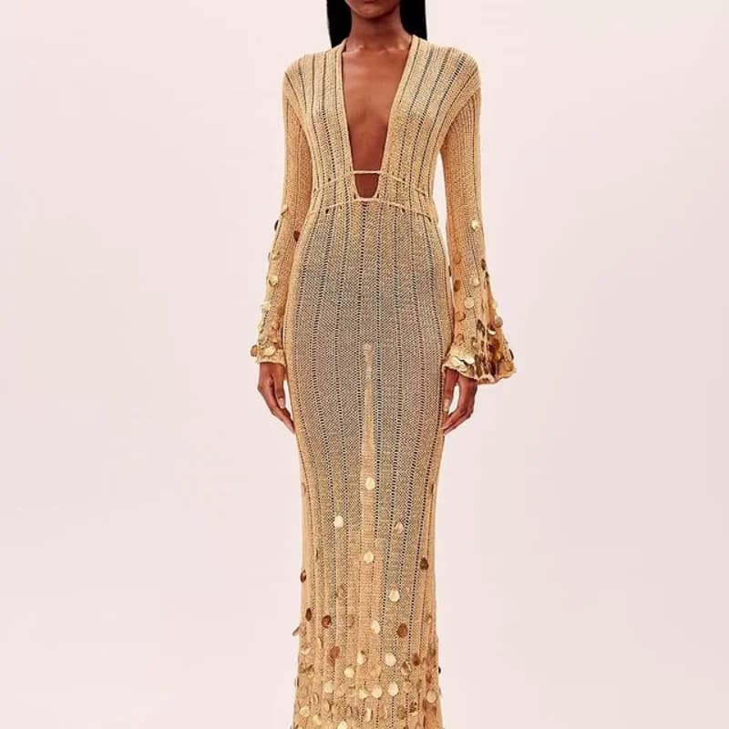 Shinny Sequin Knitted Maxi Dress Deep Neck Lace Up High Waist Long Robes See Though Party Club Dresses 2025 New Lady Clothing