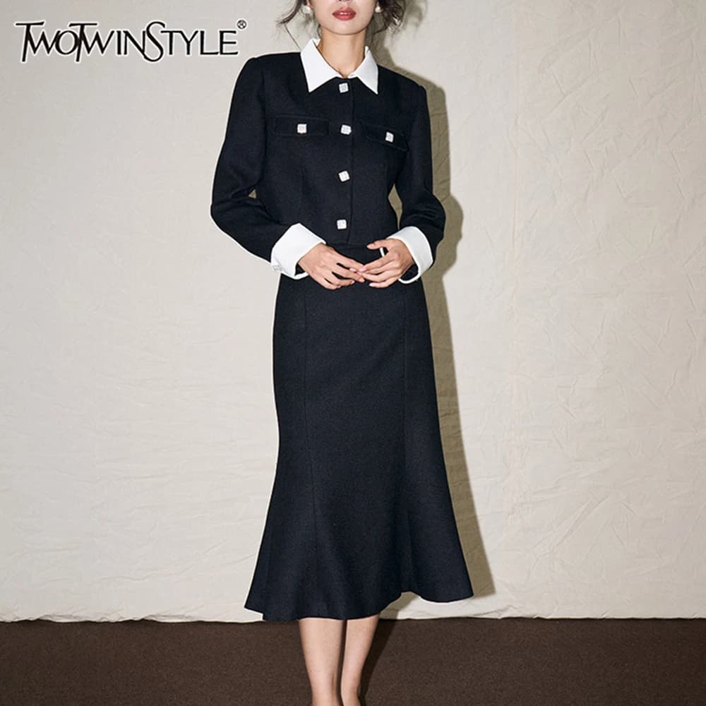 TWOTWINSTYLE Hit Color Slimming Two Piece Set For Women Lapel Long Sleeve Coat High Waist Mermaid Skirt Elegant Sets Female New