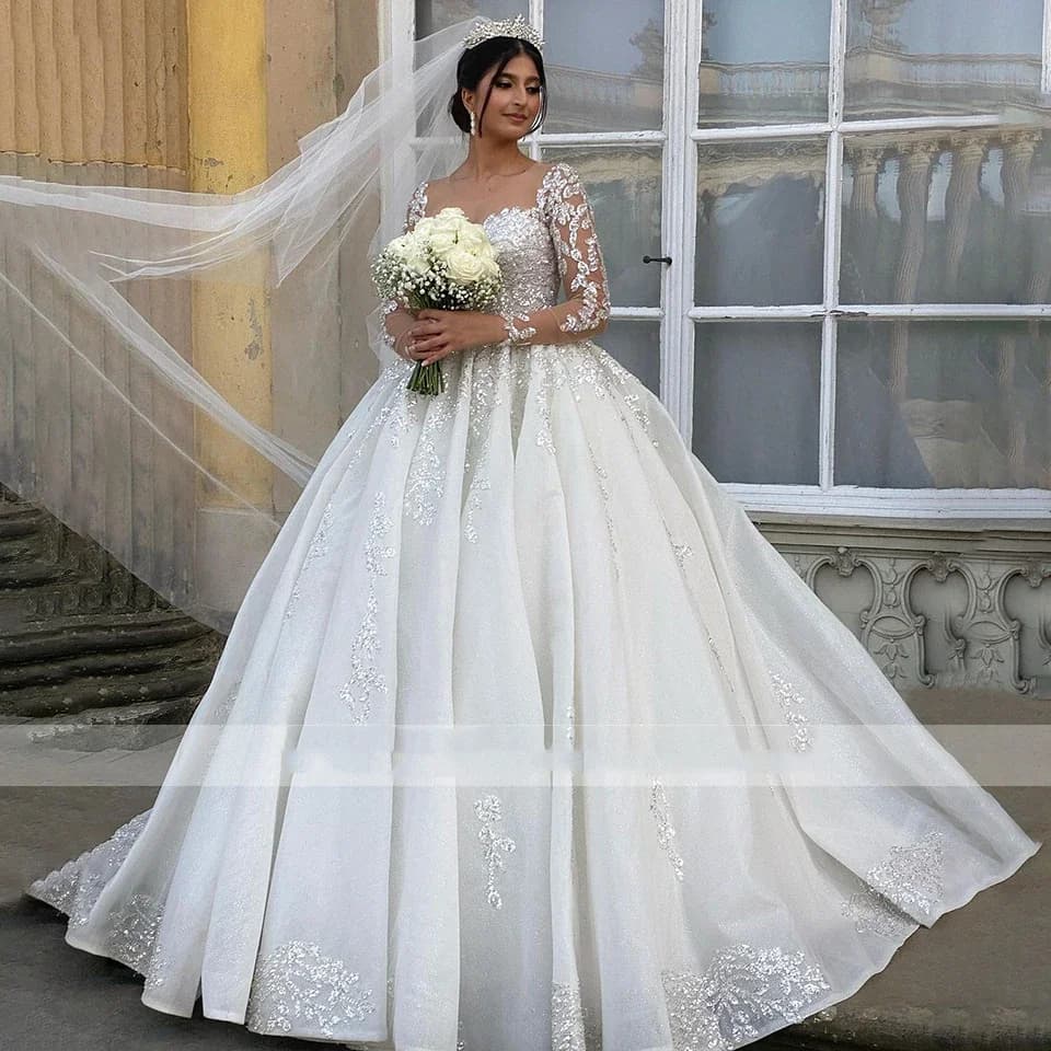 On Zhu Customized Glitter Long Sleeves Ball Gown Wedding Dresses Princess O-Neck Chapel Train Women Bride Gown Vestido De Novia