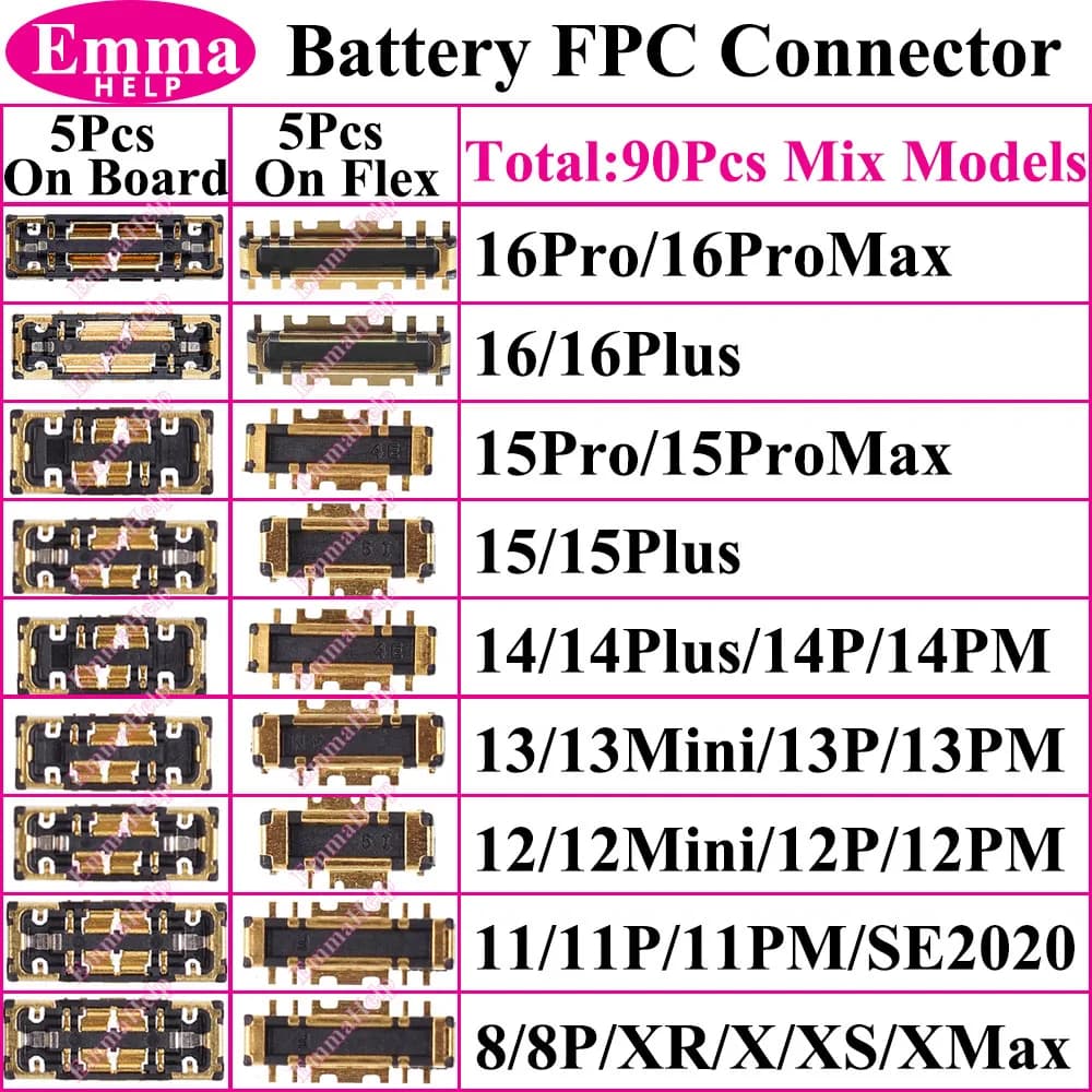 10Pcs FPC Battery Connector On Board For iPhone 15 16 13 12 Pro Max 14 Plus 11 XS XR X 8 Plus Inner Clip Plug Flex Cable On Flex