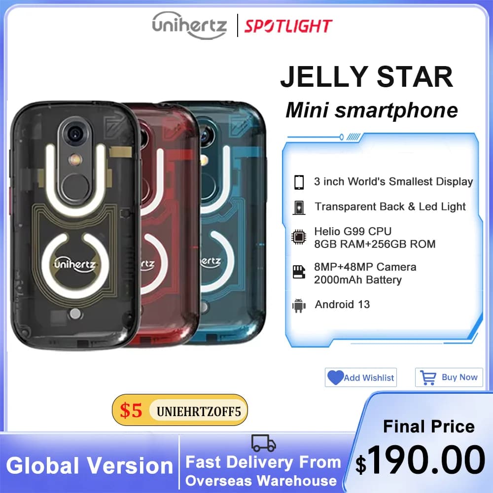 Unihertz Jelly Star Mini Smartphone Android 13 8GB 256GB Led Light Unlocked Transparent Backshell Cellphones 48MP 3 inch Phone