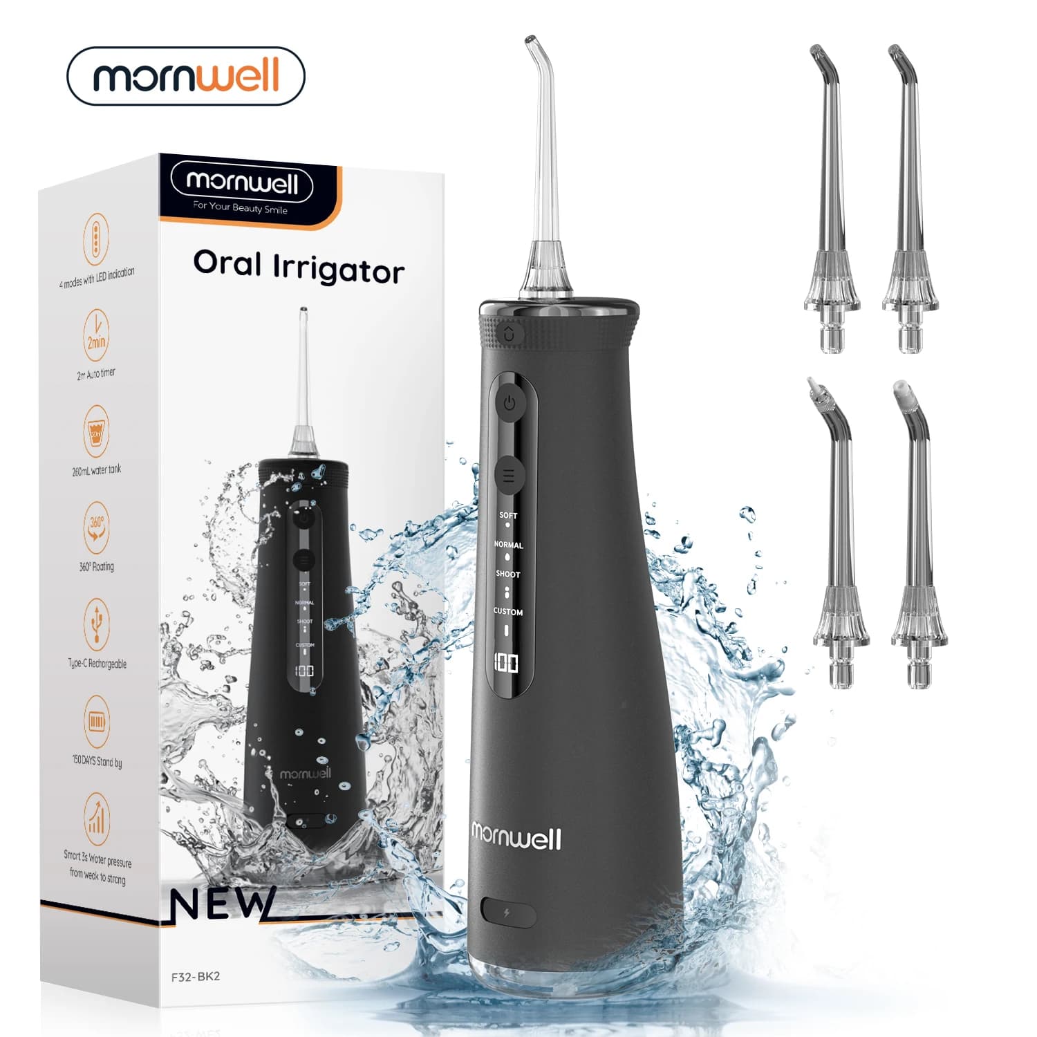 Mornwell F32 Oral Irrigator Dental Teeth Whitening Home Appliance Sonic Water Flosser 260ML Tank Teeth Cleaner Dental Water Jet