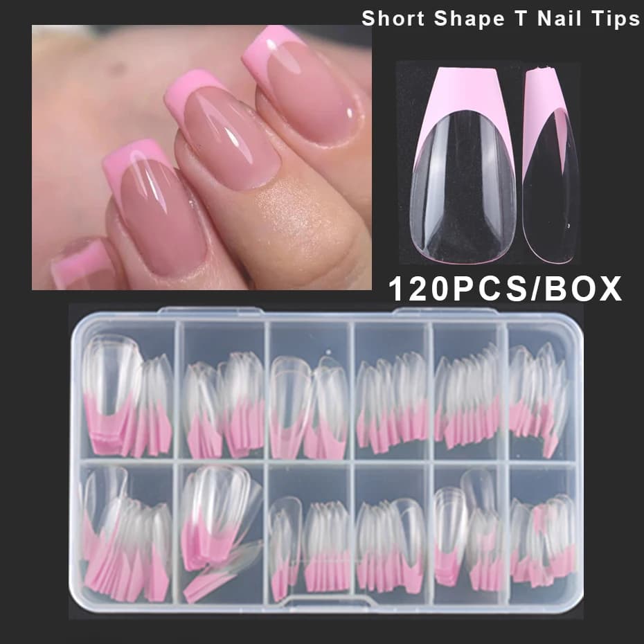 120pcs Short False Coffin Nail Tips Fake French Nail Full Cover Pink Clear Acrylic Artifical Press On Nail Extensions Gel Tips
