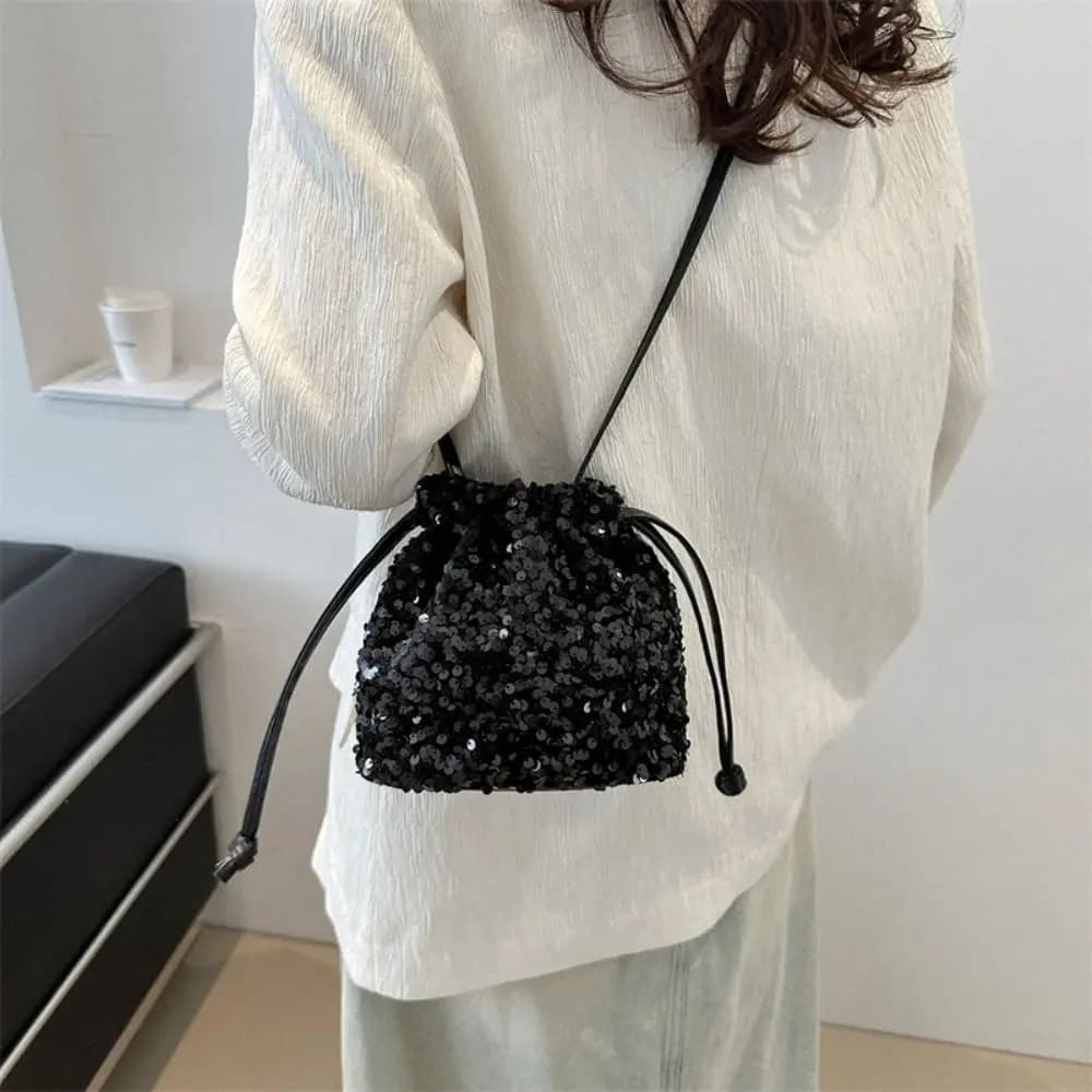 Casual Shiny Evening Banquet Bag Korean Style Handbag Drawstring Crossbody Bag Small Purse Mini Bucket Bag Women