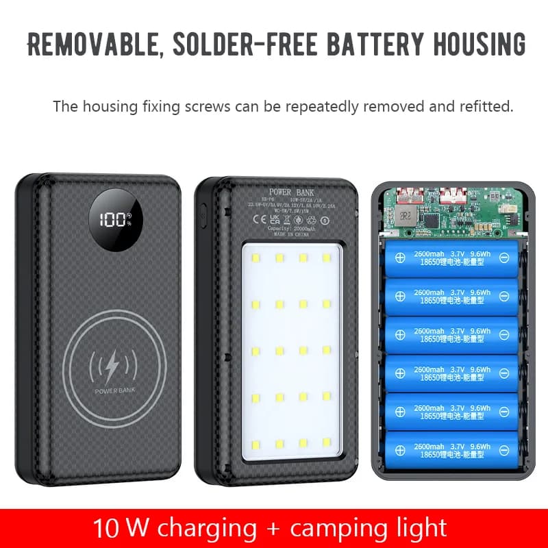 6*18650 Power Bank Battery Box Holder Dual USB Type C Charge Shell With Camping Lights for iPhone Huawei 18650 Battery Cases