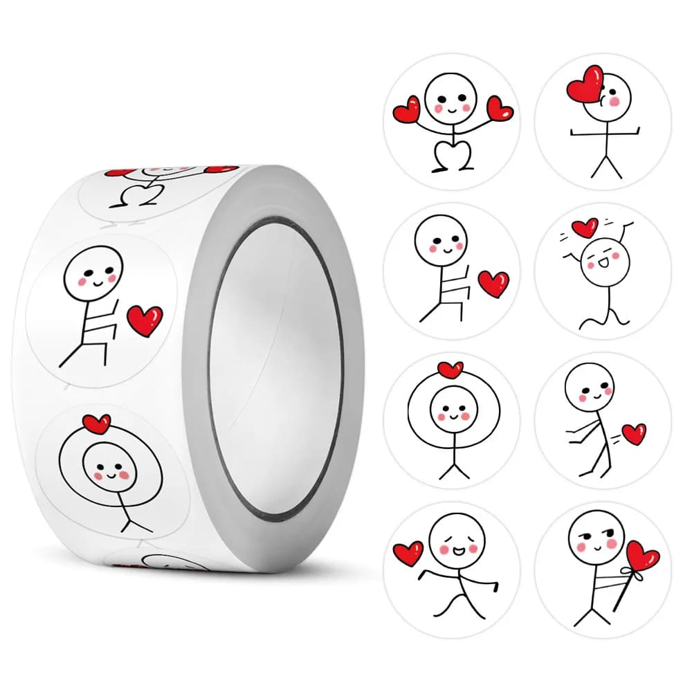 500pcs 20mm Cartoon Reward Sticker Roll Love Adhesive Labels Stickman Sticker for Valentine Wedding Gift Decor Envelope Sealing