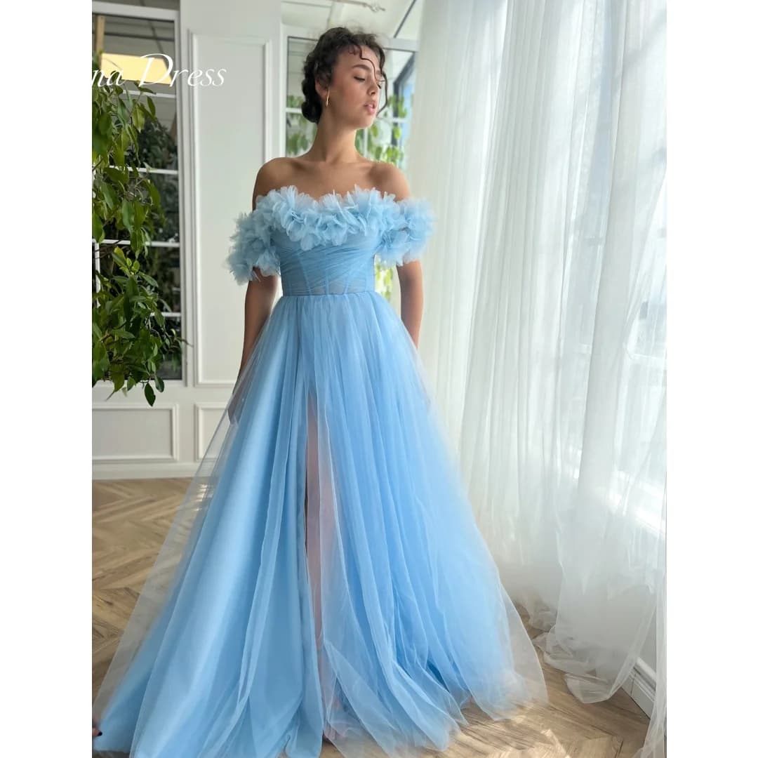 Anna Off the Shoulders Luxurious Evening Dresses 2024 Luxury Party Dress Sky Blue Gauze Bespoke Event Dresses A Line Long Skirt