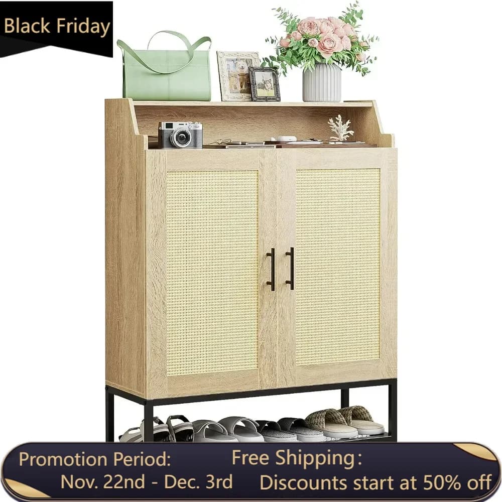 7-layer shoe cabinet with wicker entrance, anti tipping cabinet accessories, adjustable board and damping hinge