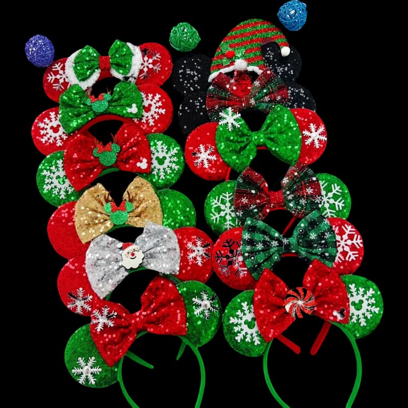 2024 Mickey Mouse Ears Headband Christmas Snowflake Festival Sequins Bow Hairband Women Girls Party Hair Accessories Gift