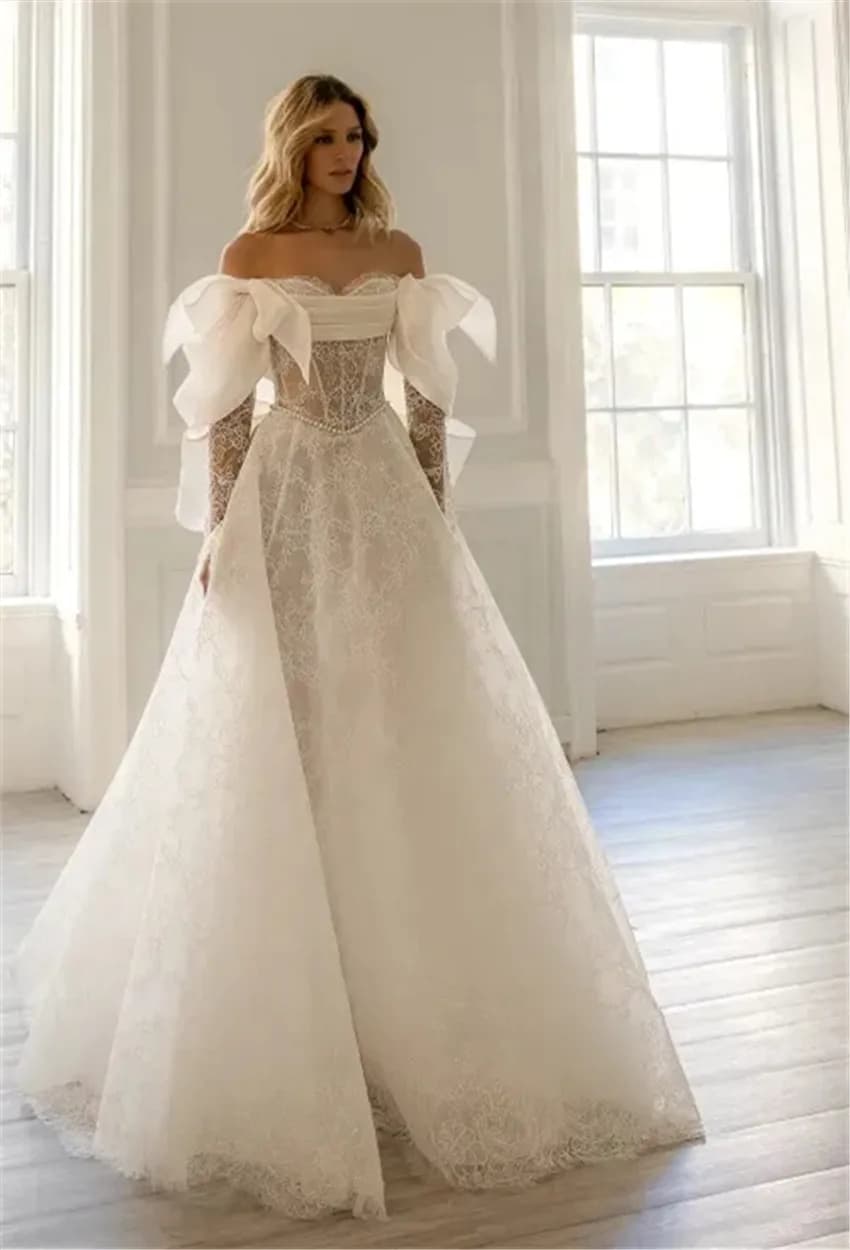 Lace Wedding Dress Vestido De Novia Manga Larga Vestidos Corte Princesa Corset Off The Shoulder Pearls Robe Mariage Bruidsjurk