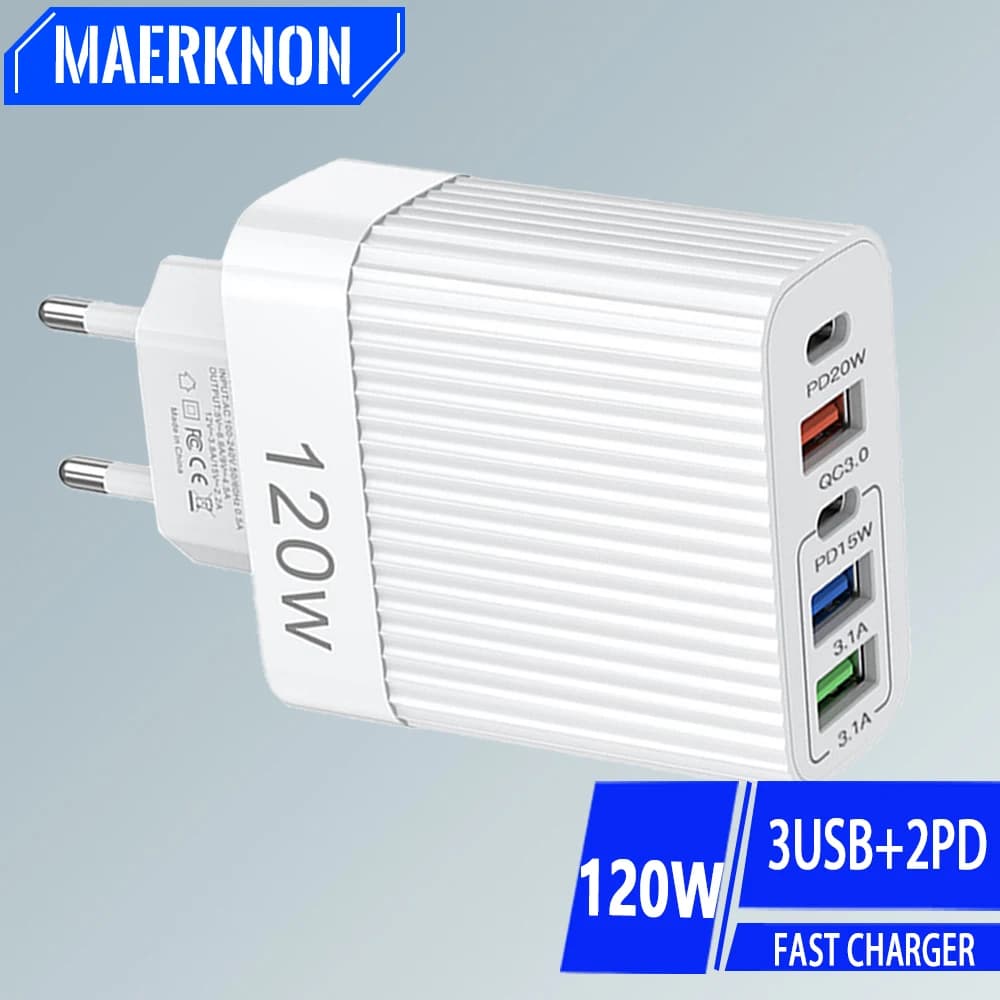 5 Ports USB Charger Fast Charging PD Type C Wall Charger For iPhone 15 Samsung Xiaomi Huawei USB C Phone Charger Power Adapter