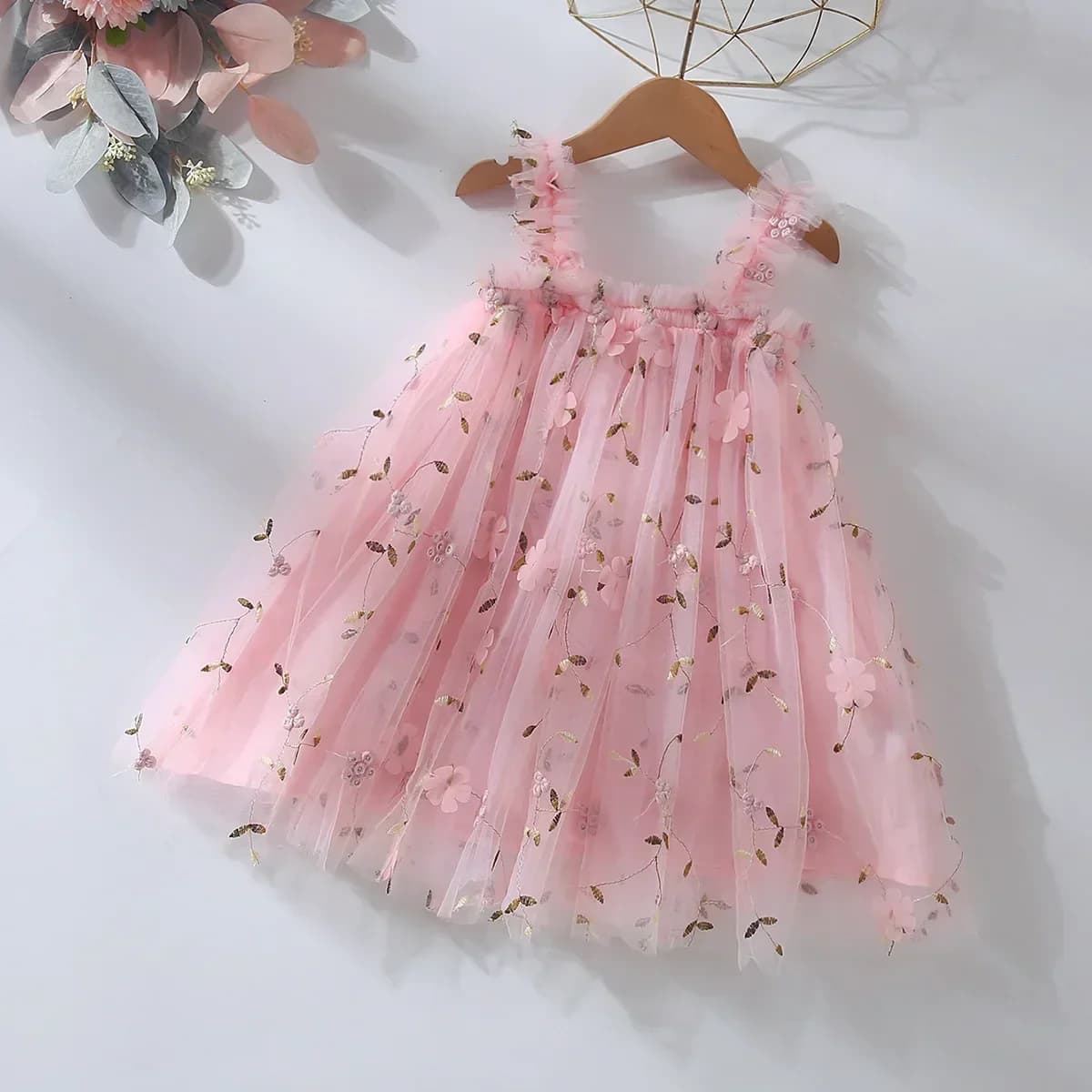Embroidery appliques Flower girl dresses baby Girl Tutu Dress Birthday Strap Dress Girl Clothes Mesh Tulle Dresses Kid Party