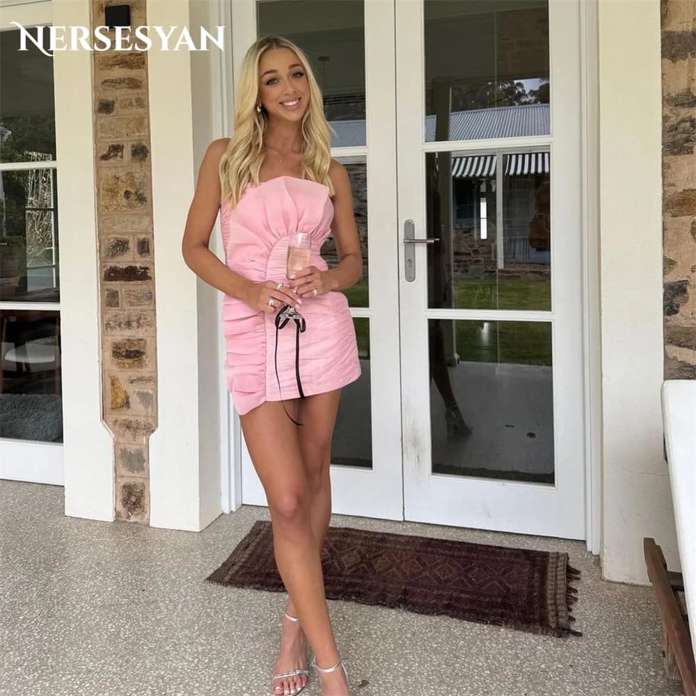 Nersesyan Dusty Rose Tulle Evening Dresses Off Shoulder Draped Pleats Mini Prom Dress Sleeveless Backless Party Gowns 2024