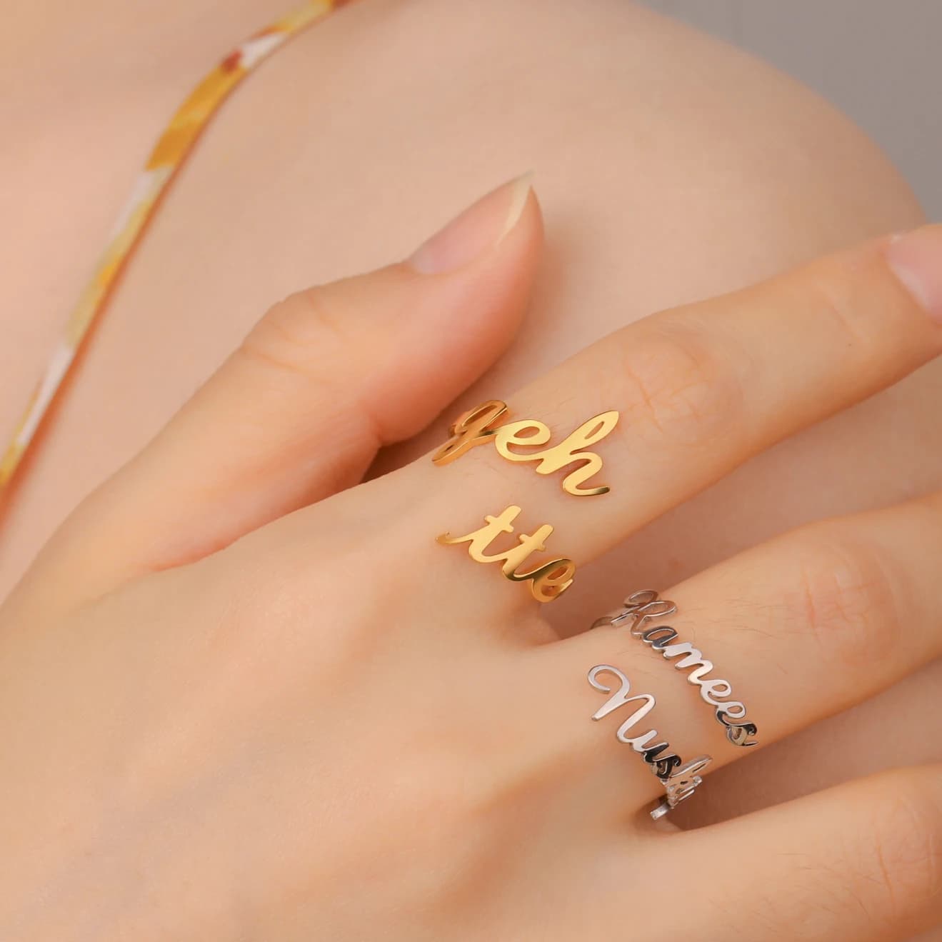 Teamer Personalised Custom Double Name Rings Stainless Steel Open Adjustable Couple Ring for Loved One Christmas New Year Gift