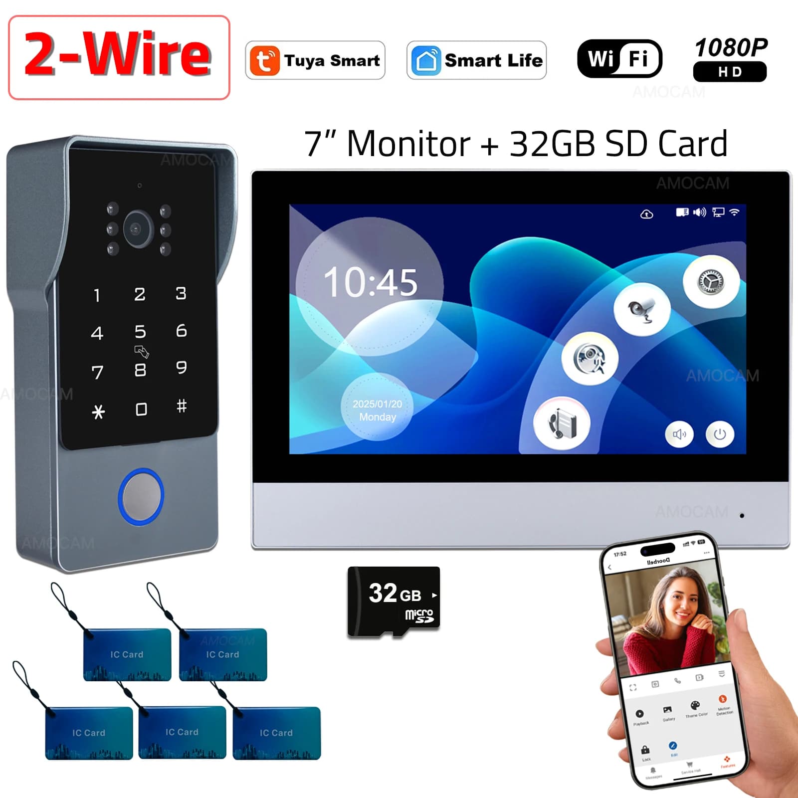 2 Wires Smart Home Tuya Wifi 1080P Video Intercom Video Door Phone 7'' Touch Monitor Video Doorbell Door Camera Security System