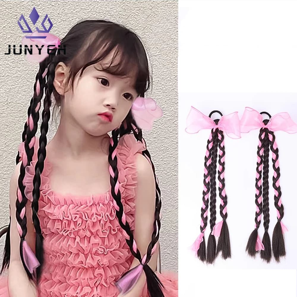 Colorful Bow Wig Braids Hair Rings Ponytail Sweet Cool Twist Long Braids Hair Tie For Girls Women