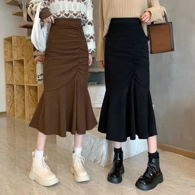 Lucyever Fashion High Waist Midi Skirts for Women 2025 Spring Slim Fit  Hip Mermaid Skirt Woman Korean Ruffles Brown Skirts 2XL